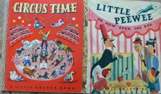 2 Vintage Little Golden Books Circus Time,  Little Peewee Or Now Open The Box