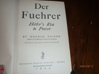 DER FUEHRER : Hitler ' s Rise To Power 1944 Konrad Heiden Hardcover Dust Jacket 2