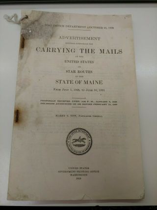 1928 104 Page Advertisement For Carrying The Mails On " Star Route " In Maine