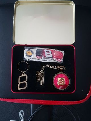 Dale Earnhardt Jr 8 Tin With Pocket Knife / Pocket Watch And Keychain