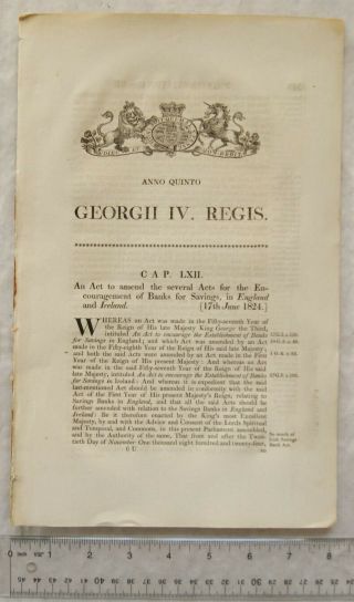 1824 Act Of Parliament: Encourage Of Banks For Savings In England & Ireland