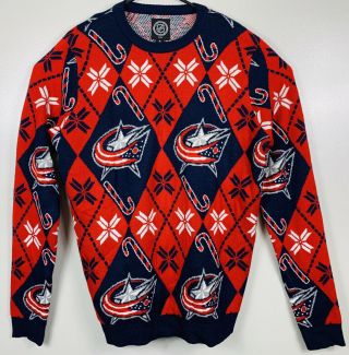 Columbus Blue Jackets Nhl Ugly Christmas Holiday Sweater Mens Xl Red Blue Euc