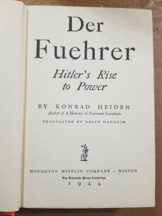 1944 FIRST EDITION DER FUEHRER HITLER ' S RISE TO POWER BY KONRAD HEIDEN 3