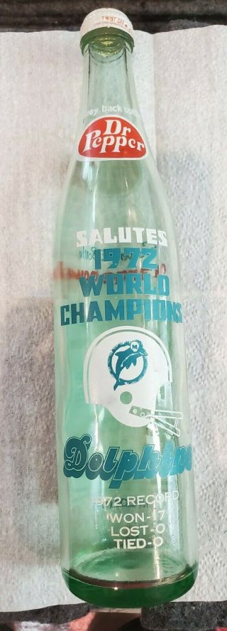 Vintage Dr.  Pepper 1972 Miami Dolphins Orange Bowl World Champ Souvenir Bottle
