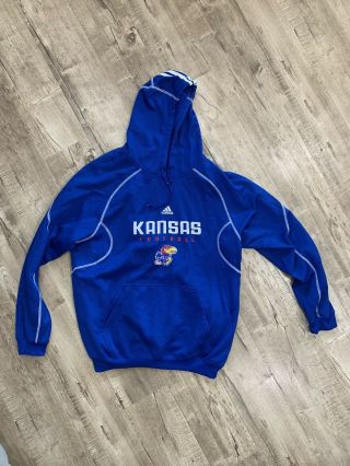 Kansas Jayhawks Ku Embroidered Adidas Hoodie Pullover Sweat Shirt Blue Size Xl