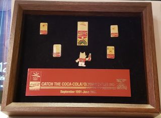 92 Olympics 6 Coca Cola Cobi Mascot Pins 92 Barcelona - Coca Cola Plaque Framed