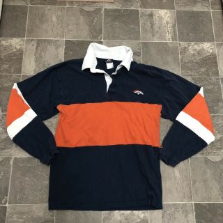 Men’s Vintage 90s Pro Player Denver Broncos Color Block Rugby Shirt Sz L Blue