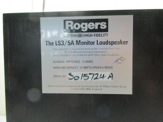 Rogers LS3/5A Monitor Loudspeakers matched pair So15724 AB 15 ohms 25 watt 3