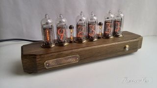 Nixie Tube Clock With In - 14 In Antique Oak Case From Retronix.