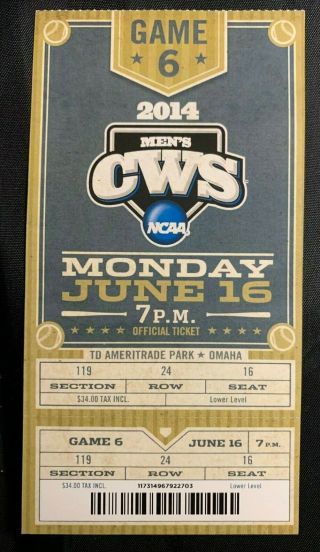 2014 College World Series Cws Game 6 Vanderbilt Vs Uc Irvine Ticket Stub Buehler