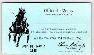 1978 Harrington Raceway Delaware Official Press Pass Horse Racing Clubhouse Blue