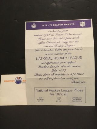 1977 - 78 Edmonton Oilers Season Ticket Invoice Letter For Inaugural Nhl Hockey Yr
