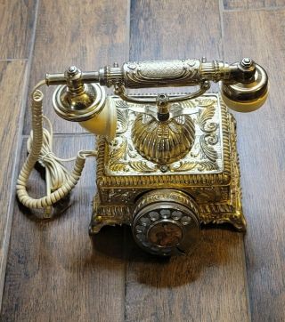 Vintage French Style Ornate Gold Brass Rotary Phone Made In Taiwan Retro
