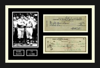Ty Cobb & Babe Ruth Signed Bank Checks & Photo Display Two Checks