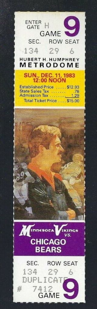 1983 Nfl Chicago Bears @ Minnesota Vikings Full Football Ticket - Walter Payton
