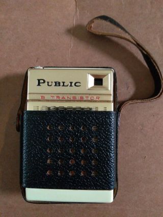 Vintage Public 6 Transistor Pocket Radio Am.  W/ Leather.  Pouch Japan.  N.  O.  S.