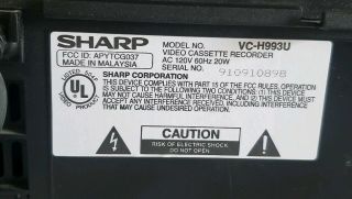 Sharp Model VC - H993U VCR S - VHS HI - FI 4 Head Rapid Rewind & remote 3