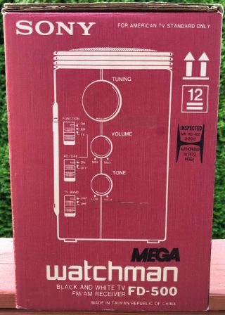 Vintage 1989 Sony Mega Watchman FD - 500 B&W TV FM/AM Receiver With Box 2
