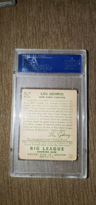 1934 Goudey Lou Gehrig 61 York Yankees PSA authenticated 2.  5 Good,  rating 2