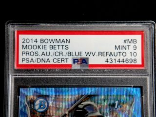 MOOKIE BETTS 2014 BOWMAN CHROME BLUE WAVE REFRACTOR 45/50 PSA 9 10 GEM AUTO 3