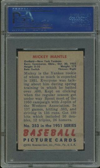 1951 Bowman 253 Mickey Mantle Yankees RC Rookie HOF PSA 3 VG 