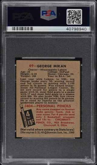 1948 Bowman Basketball George Mikan ROOKIE RC 69 PSA 6 EXMT 2