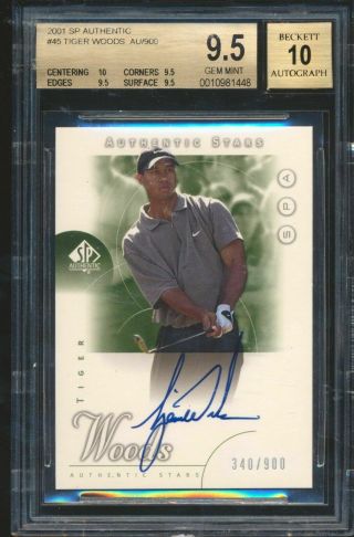 2001 Sp Authentic 45 Tiger Woods Rc Rookie Auto Autograph Bgs 9.  5/10 D/900