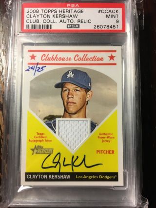 2008 Topps Heritage Clayton Kershaw Auto /25 Relic Rookie Rc Psa 9 Dodgers