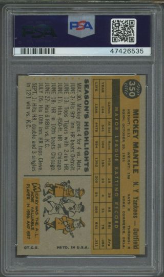 1960 Topps 350 Mickey Mantle York Yankees HOF PSA 7 NM 