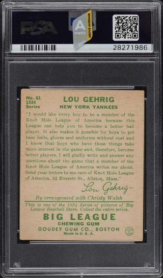 1934 Goudey Lou Gehrig 61 PSA 4.  5 VGEX,  (PWCC - A) 2
