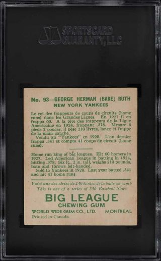 1933 Goudey World Wide Gum Babe Ruth 93 SGC Auth 2