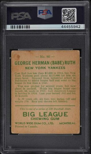 1933 Goudey World Wide Gum Babe Ruth 80 PSA 3 VG 2