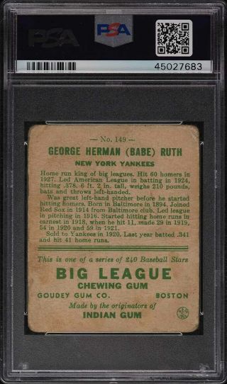 1933 Goudey Babe Ruth 149 PSA 1 PR 2