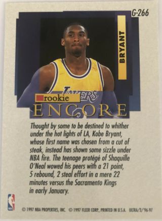96 - 97 Fleer Ultra Kobe Bryant Rookie card - Gold Medallion Edition G - 266 2