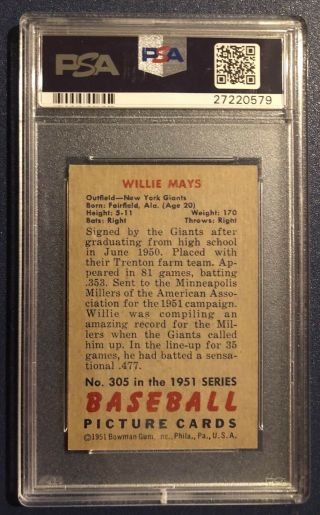 1951 Bowman 305 Willie Mays ROOKIE RC PSA 5 2
