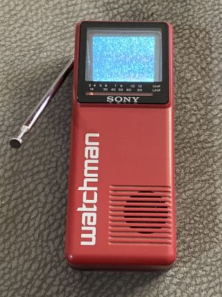 Vtg Sony Watchman Fd - 10a B&w Portable Handheld Tv 1987 Japan Uhf/vhf,  Red