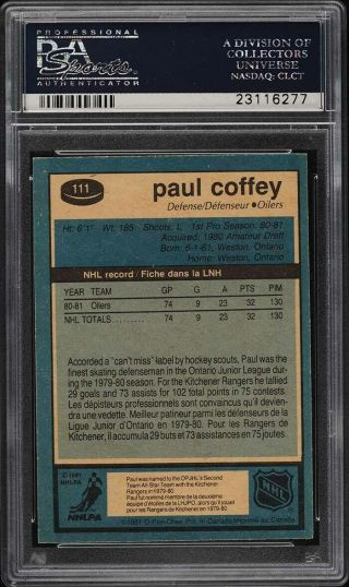 1981 O - Pee - Chee Hockey Paul Coffey ROOKIE RC 111 PSA 10 GEM 2