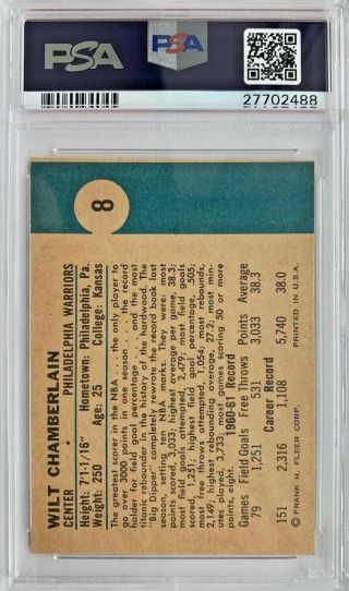 1961 Fleer Basketball 8 Wilt Chamberlain RC Rookie HOF PSA 5 (Investment Card) 2