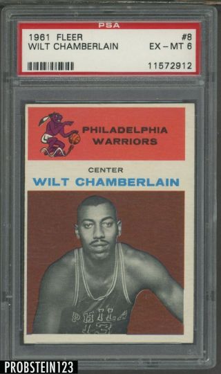 1961 Fleer Basketball 8 Wilt Chamberlain Warriors Rc Rookie Hof Psa 6 Ex - Mt
