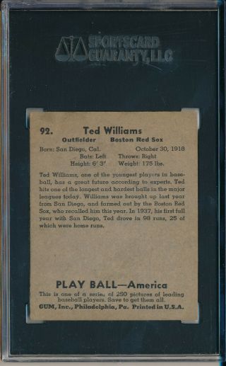 1939 PLAY BALL 92 TED WILLIAMS ROOKIE - SGC 40 VG 3 (SVSC) - CENTERED 2