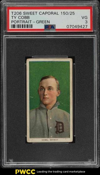 1909 - 11 T206 Ty Cobb Green Portrait,  Sweet Caporal 150/30 Psa 3 Vg