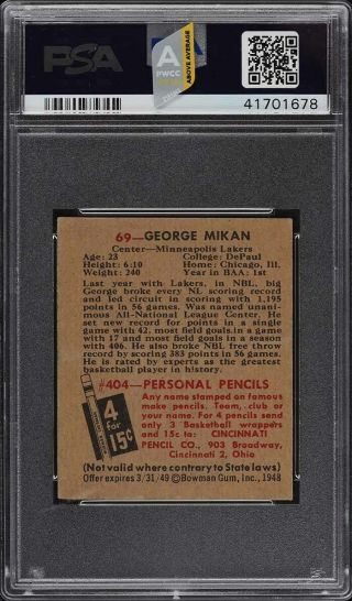 1948 Bowman Basketball George Mikan ROOKIE RC 69 PSA 6.  5 EXMT,  (PWCC - A) 2