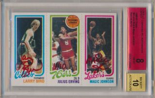 1980 - 81 Topps Larry Bird Magic Johnson Signed Rc 6 Red Ink 4/10 Buyback Bgs 8