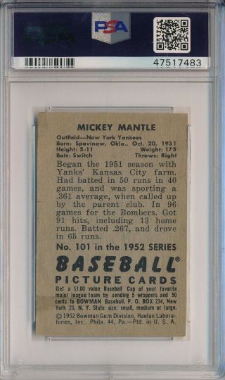 1952 BOWMAN 101 MICKEY MANTLE - PSA 5 EX (SVSC) - FRESHLY GRADED 2
