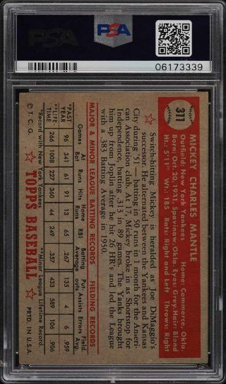 1952 Topps Mickey Mantle 311 PSA 4 VGEX 2