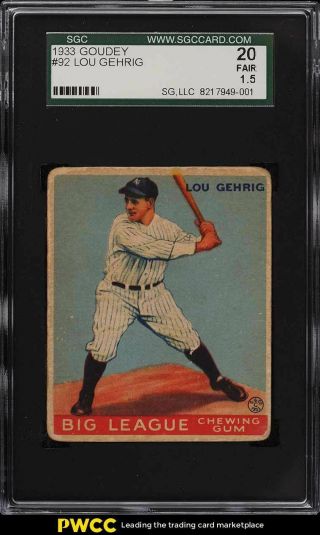 1933 Goudey Lou Gehrig 92 Sgc 1.  5 Fr