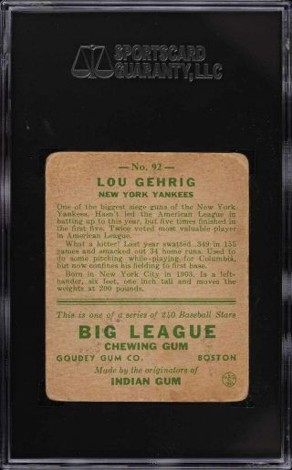 1933 Goudey Lou Gehrig 92 SGC 1.  5 FR 2