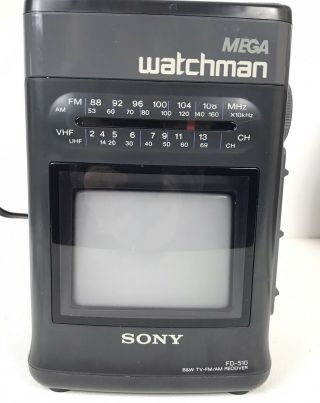 Vintage Sony Mega Watchman Fd - 510 Portable B&w Tv Fm/am Radio