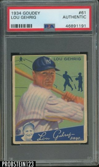 1934 Goudey 61 Lou Gehrig York Yankees Hof Psa Authentic