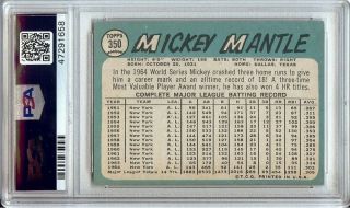 Mickey Mantle 1965 Topps Baseball Card Graded PSA EX - MT 6 York Yankees 350 2